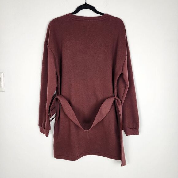 Topshop Brown Cotton Belted Sweatshirt Dress Round Neck Long Sleeve Size 10 - Picture 5 of 11